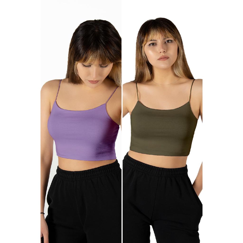 2-pack Women Black-white Rope Strap Cotton Crop Top Bustier Blouse Singlet
