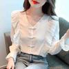 Fashion New 2024 Autumn Long Sleeve Ruffles V-Neck White Chiffon Blouse Shirt Women Tops Blouses Shirts J555