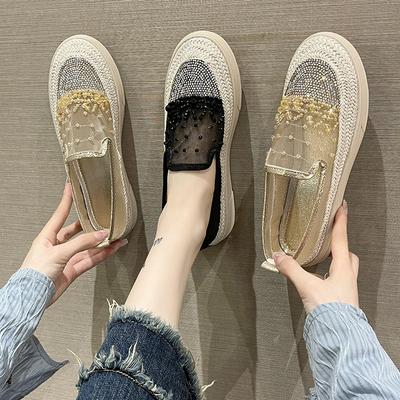 Женские лоферы 2025 новый летний универсальный сетчатый однопедальный мягкий подошвенный страз балетки одинарная обувь