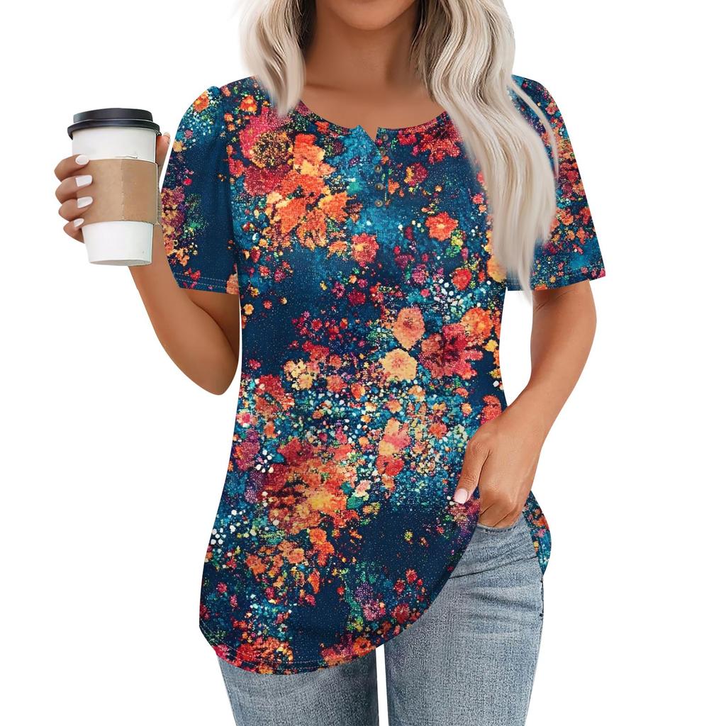 Women's Fashionable Casual Short Sleeve Button Floral Print Round Neck Pullover Top