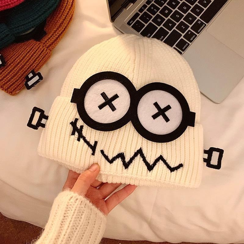 Autumn and Winter Wacky Cute Cartoon Big Eyes Pattern Knitted Mao Line Hat Women Candy Color Keep Warm Ear Protection Knitted Hat