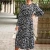 Women's Fashion Summer Spring Floral Print Long Sleeve O-Neck High Waist Casual Dresses