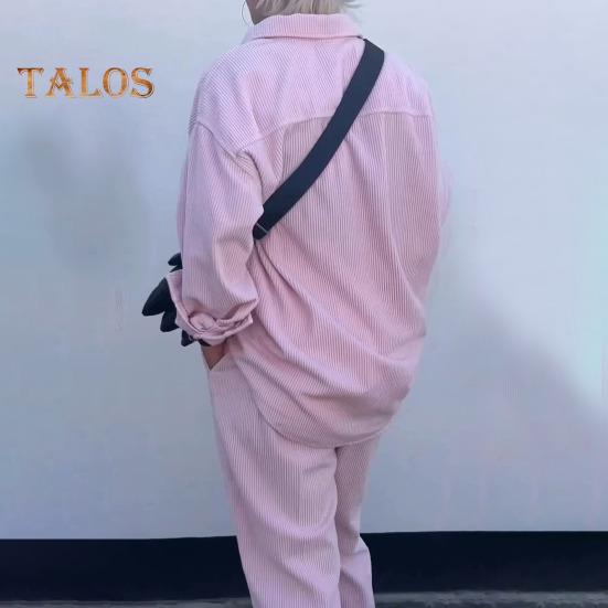 2 Pcs/Set Women Shirt Pants Set Turn-down Collar Single-breasted Long Sleeves Loose Top Drawstring Elastic Waist Wide Leg Trousers Sport Tracksuit