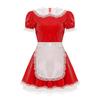 Women's Wet Look Leather French Maid Cosplay Costume Puff Sleeve Party Mini Dress