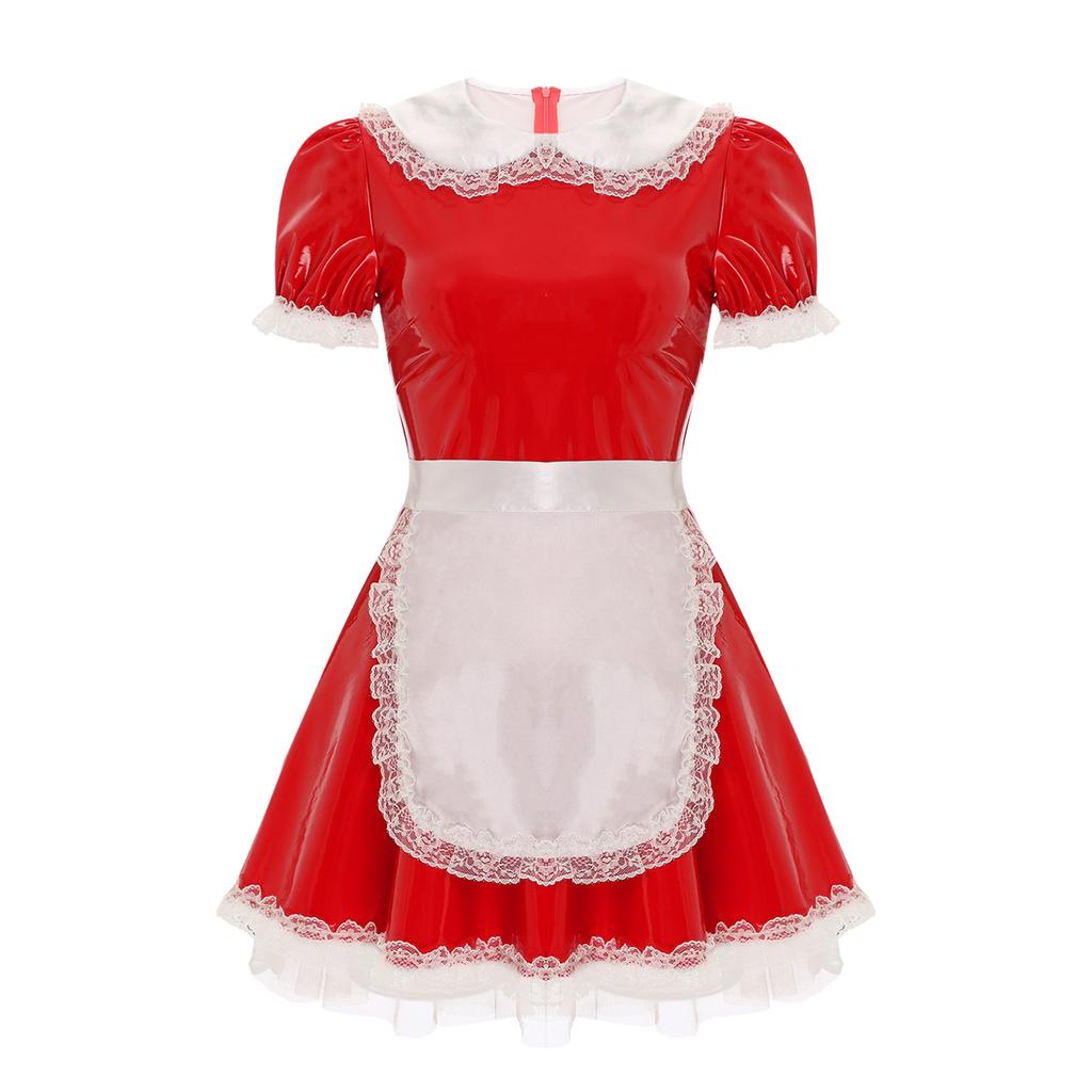 Women's Wet Look Leather French Maid Cosplay Costume Puff Sleeve Party Mini Dress