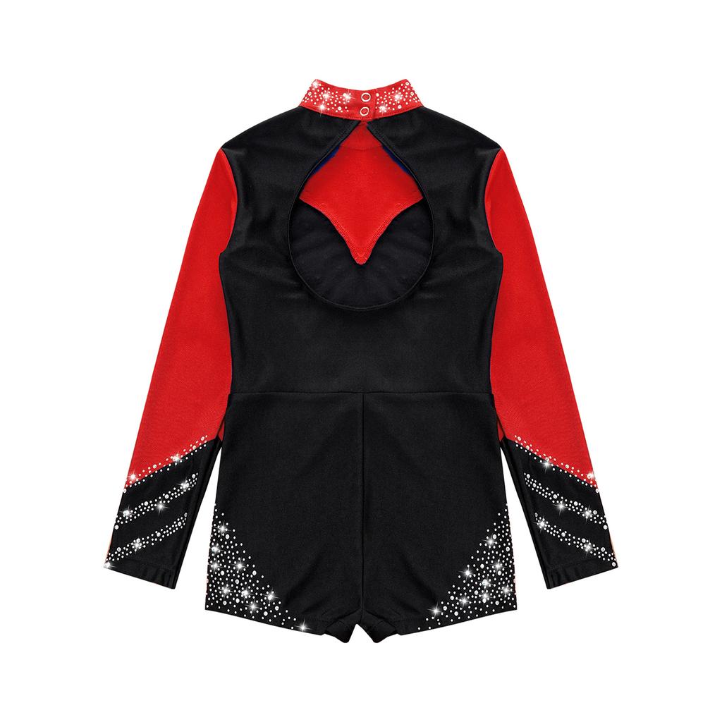 Танцевальный комбинезон для девочек контрастного цвета с открытой спиной и блестящими бриллиантовыми украшениями для соревнований