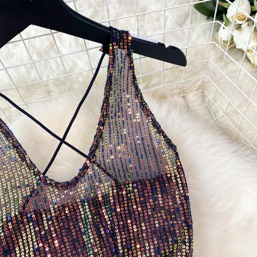 Sequins Erotic Camisole One Piece Dress Women Off Shoulder Short Split Skinny Party Dresses Female Fashion Cross Backless Club Sexy Dress 2024