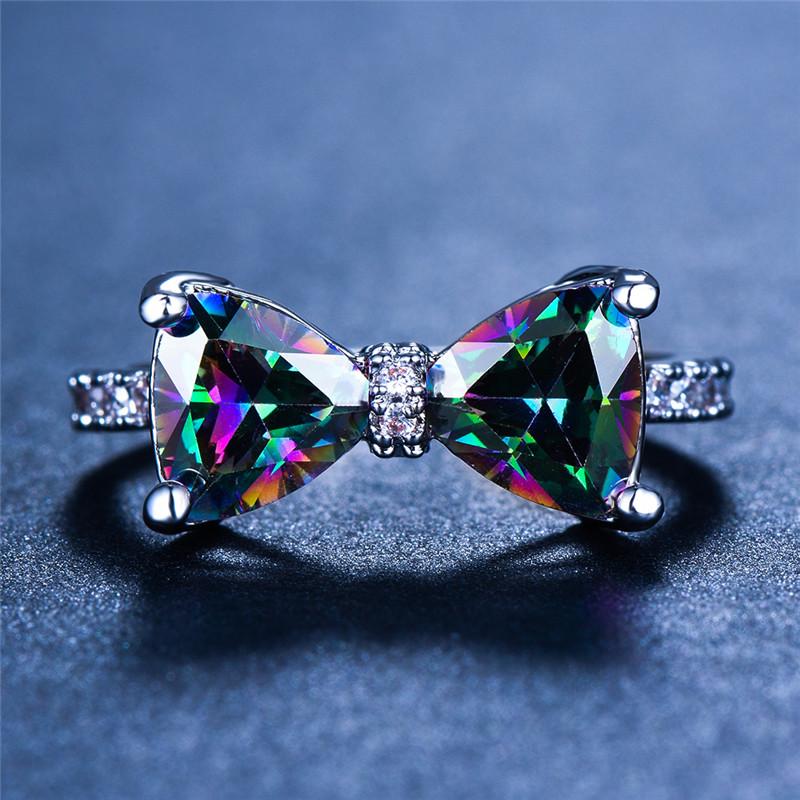 Female Cute Big Bowknot Zircon Stone Ring Color Love Engagement Rings For Women Purple Blue Red Rainbow Wedding Jewelry