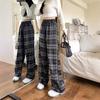 Black Plaid Casual Pants for Women Loose Straight Drooping Wide-leg Pants for Autumn New High-waist Plaid Trousers