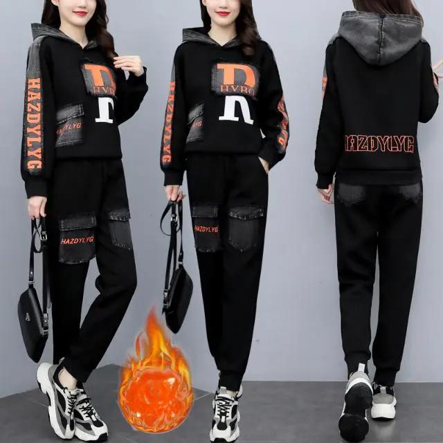 Женский осенне-зимний модный костюм большого размера из двух частей - на бархатной подкладке, свободного кроя с джинсовой пэчворк-отделкой