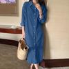 Women's Denim Shirt Dress Roll Up Long Sleeve Button Down Maxi Dress Summer Casual Lapel Loose Shift Jean Dress with Pocket