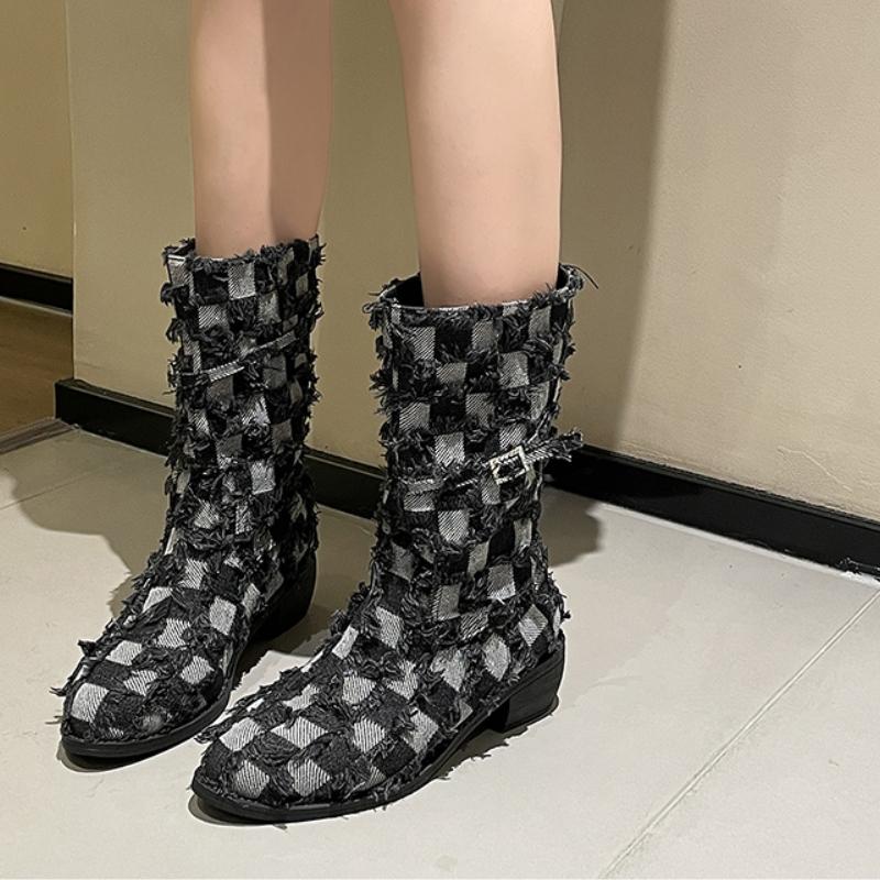 Модные женские сапоги из джинсовой ткани 2024 года, осенние новые модные сапоги из меховой ткани на платформе 2024 года