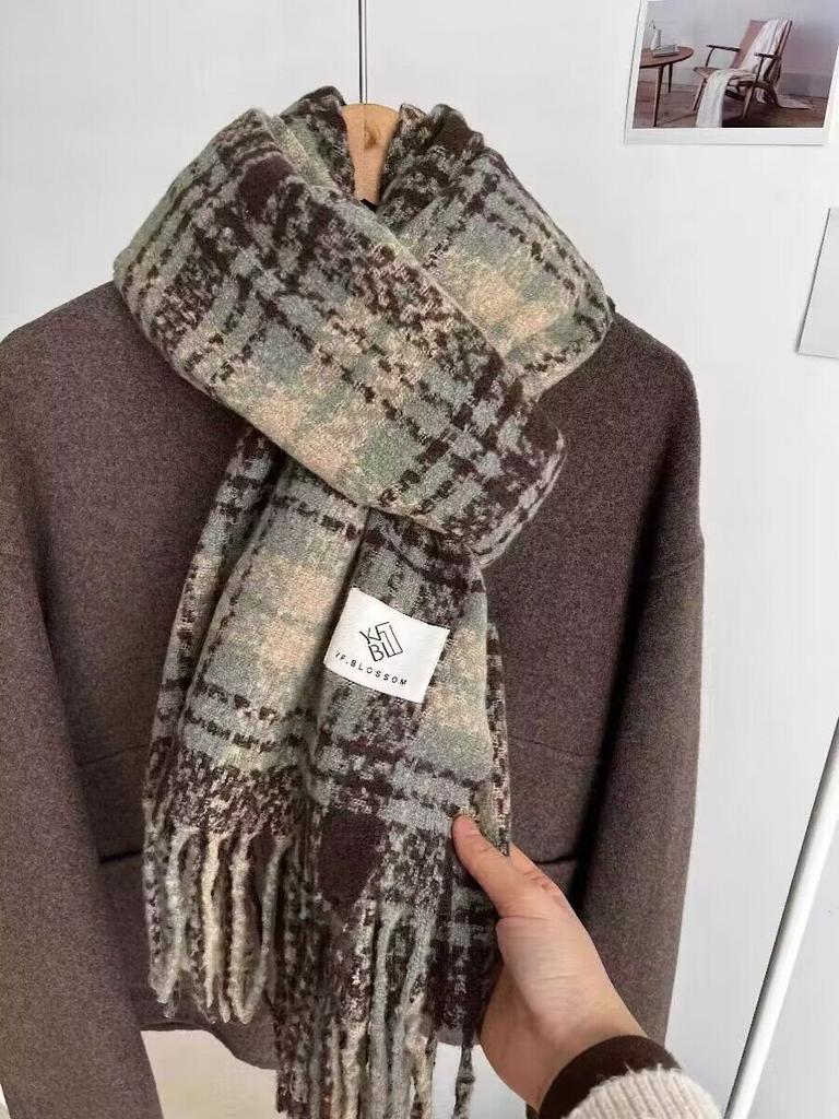 Dried Rose Pink Plaid Scarf Women's Winter Senior Feeling Warm New Sweet Versatile Fringed Shawl Scarf