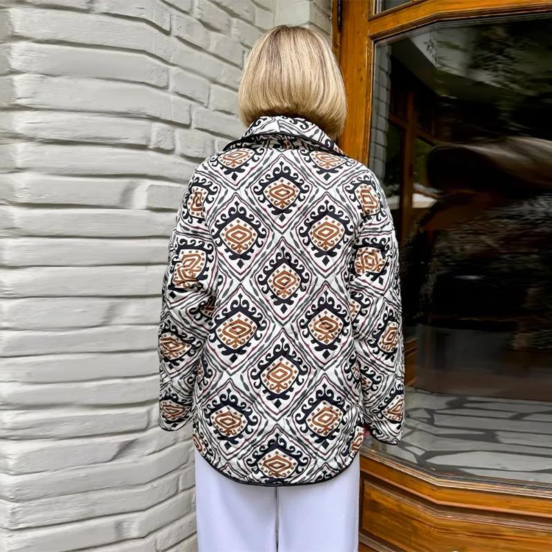 Printed Lace Up Cotton Jacket Lapel Cardigan Thick Warm Women's Oversize Coat Retro Ethnic Style Autumn/Winter 2025
