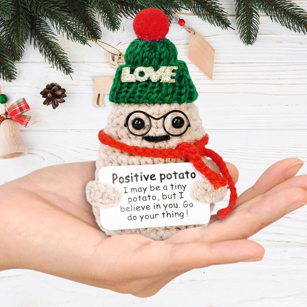 Crochet Christmas Positive Glasses Potato Ornament Funny Handmade Wool Knitted Xmas Potato Doll with Card Home Room Decoration