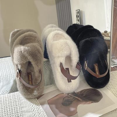 Искусственный мех, толстая подошва, мягкая, с перекрестными ремешками, меховые удобные сандалии, женская осенняя одежда для улицы, открытый носок, теплые хлопковые тапочки