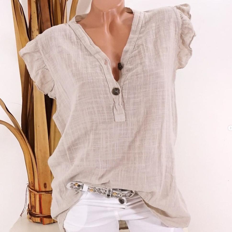 Дышащий топ на пуговицах с V-образным вырезом, большой размер, однотонная хлопковая льняная блузка, женская свободная рубашка