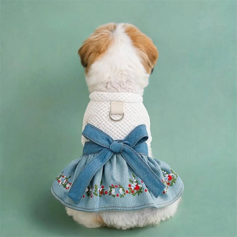 BXX Pet Denim Dress Spring Floral Embroidery Bow Skirt With Traction Hole For Small Puppies XS-XL Single Color