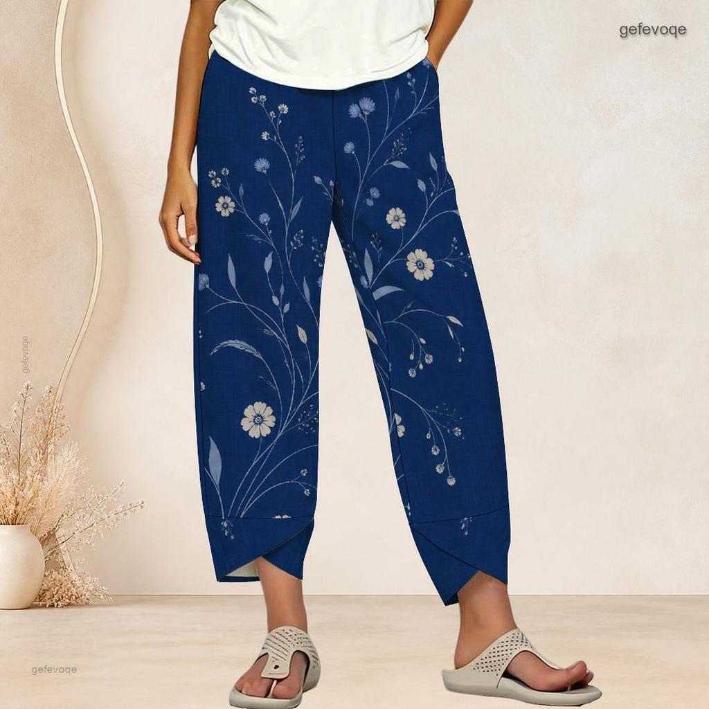 Women Plus Size Loose Fit Printed Cropped Pants Cross Hem With Pockets