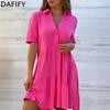 Women's Fashion Summer Spring Solid Color Print Short Sleeve POLO Neck Loose Waistline Casual Dresses