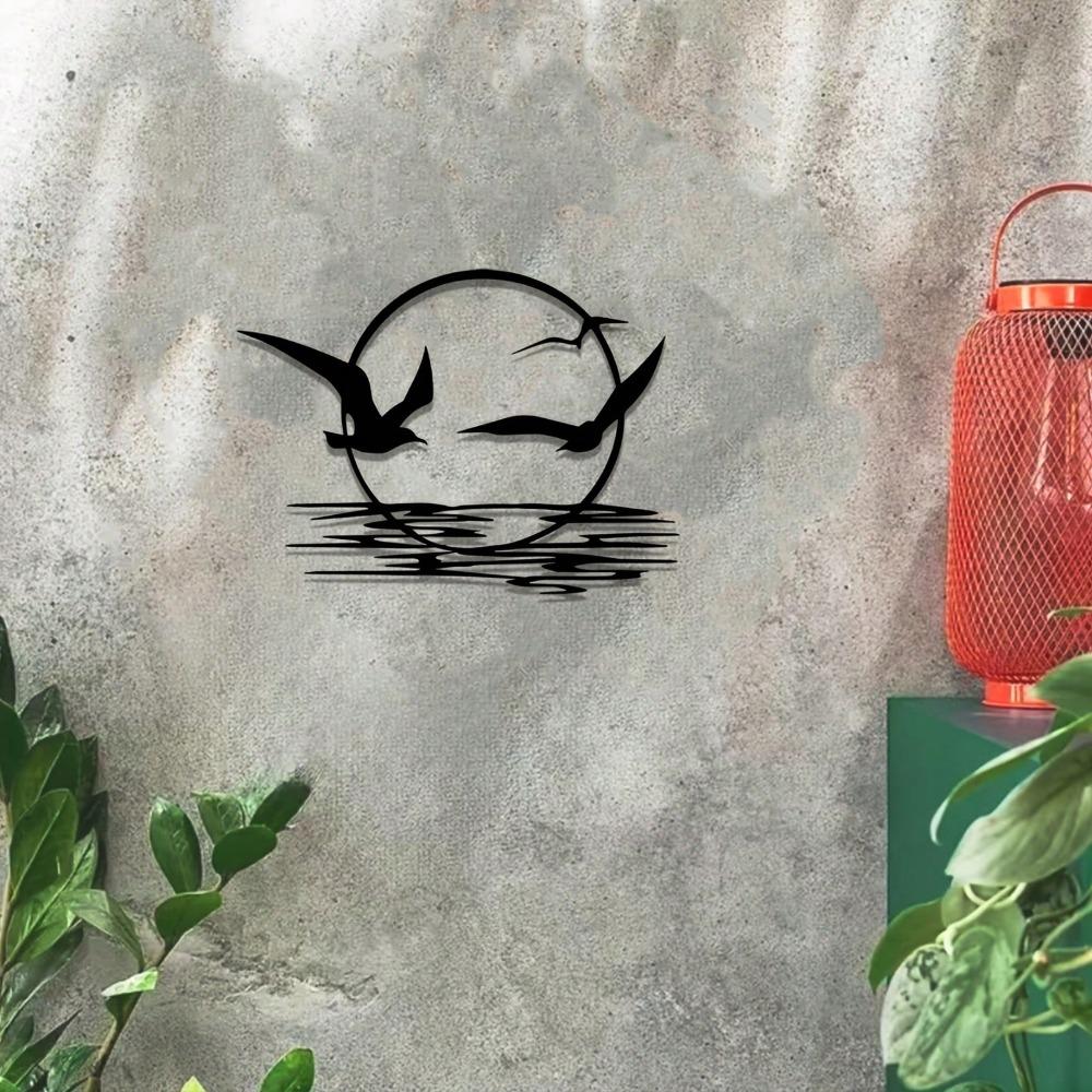 2D Flat Iron Sunrise And Seagulls Metal Wall Art. It Features A Circular Silhouette Design, Suiting Living Rooms, Bedrooms, Dining Areas, And Offices.