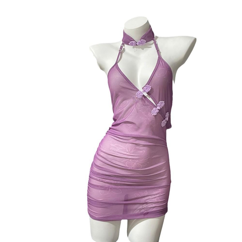 Сексуальное нижнее белье Pure Desire Фиолетовый Cheongsam Сексуальная пижама Женская антикварная бабочка Любовь Цветок Перспектива ремень Униформа Бесплатно
