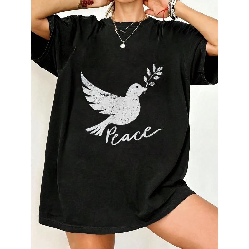 Черная футболка оверсайз с принтом голубя мира и оливковой ветви для повседневной носки