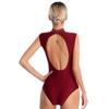 Womens Figure Skating Dance Leotard Sparkly Rhinestones Sheer Mesh Patchwork Sleeveless Cutout Back Bodysuit for Gymnastics