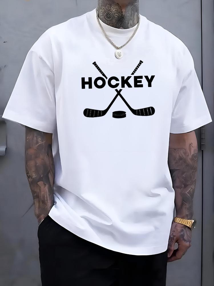 Unisex O Neck Tee Hockey Sports Stick Puck Pattern Print Cotton Short Sleeve Loose Summer Breathable Daily Casual Basic Wear Top