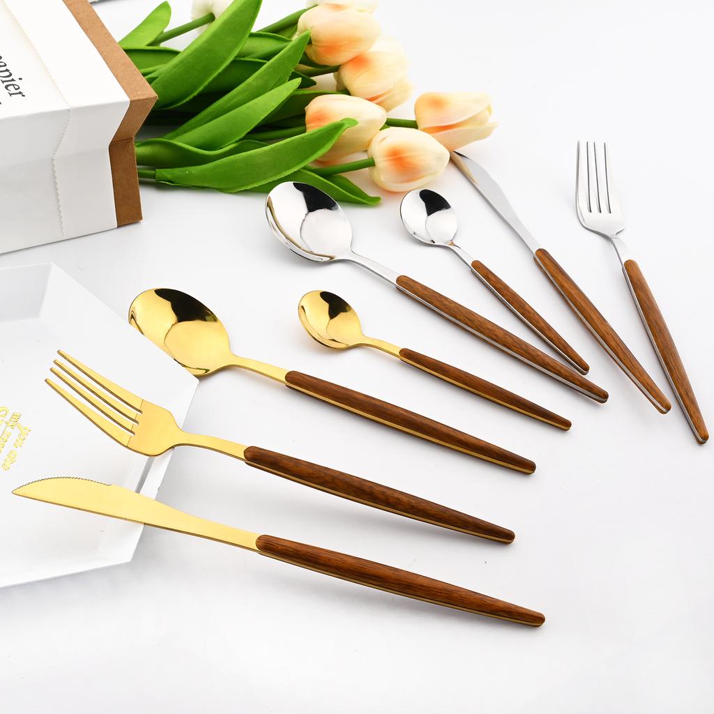 20Pcs Wooden Handle Dinnerware Steak Knife Coffee Spoon Cake Fork Set Mirror Stainless Steel Tableware Kitchen Utensils Eating Silverware