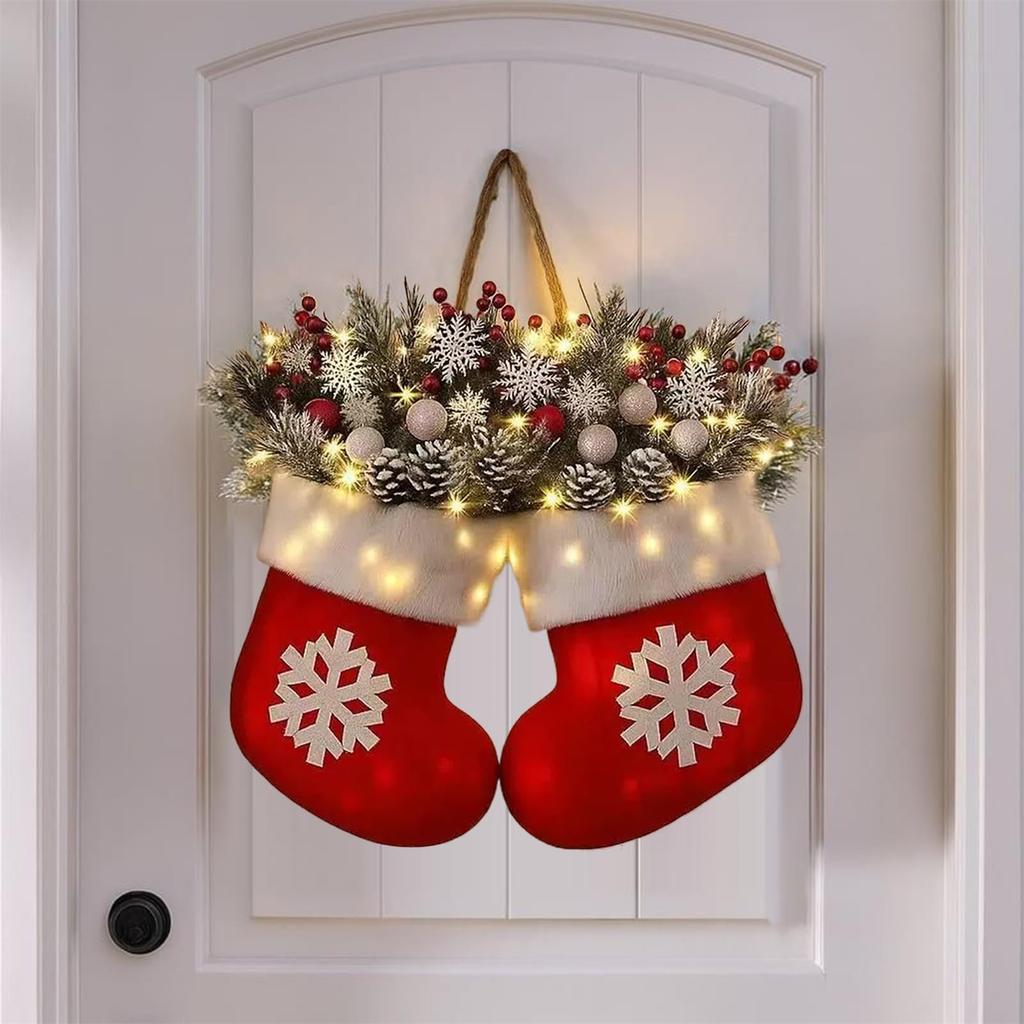 Twinkling Christmas Mitten Wreath, Christmas Lighted Werath Front Door Artificial Garland, Christmass Balls Hanging For Par
