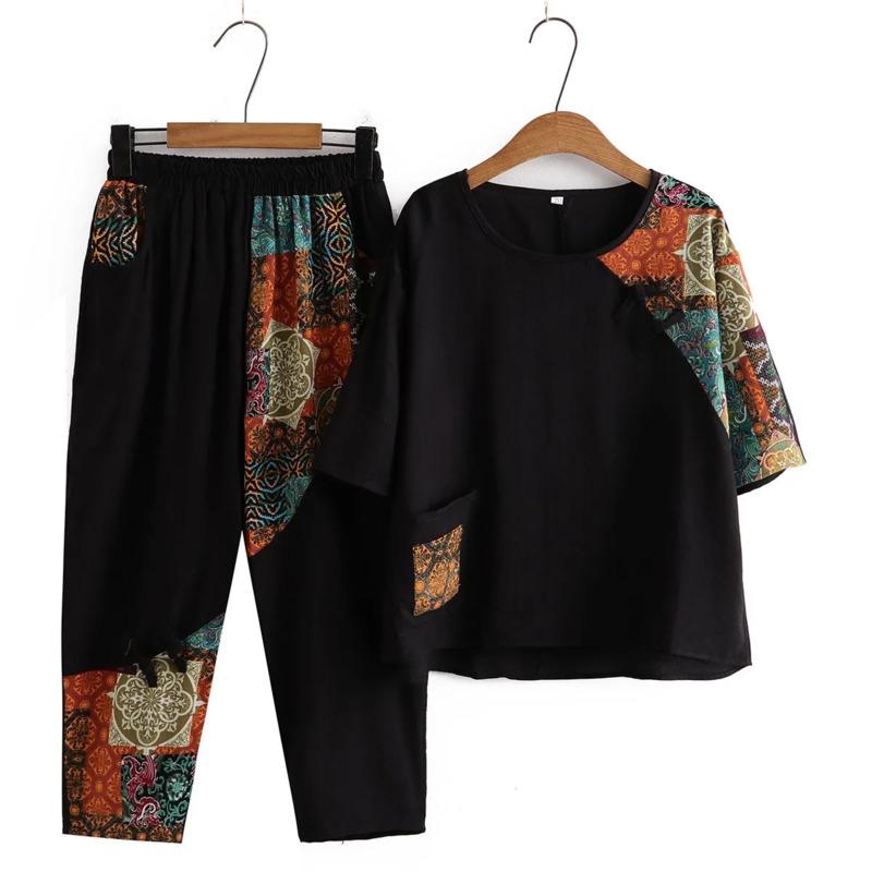 Women's Casual Suit Summer Fashion Plus Size Clothing Loose Cotton Linen Short SleeveTops Cropped Pants Two Piece Set