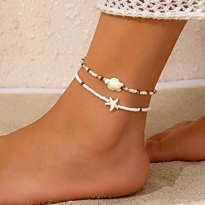 Морской браслет на ногу с ракушками и морскими звездами, с кисточками и черепашками