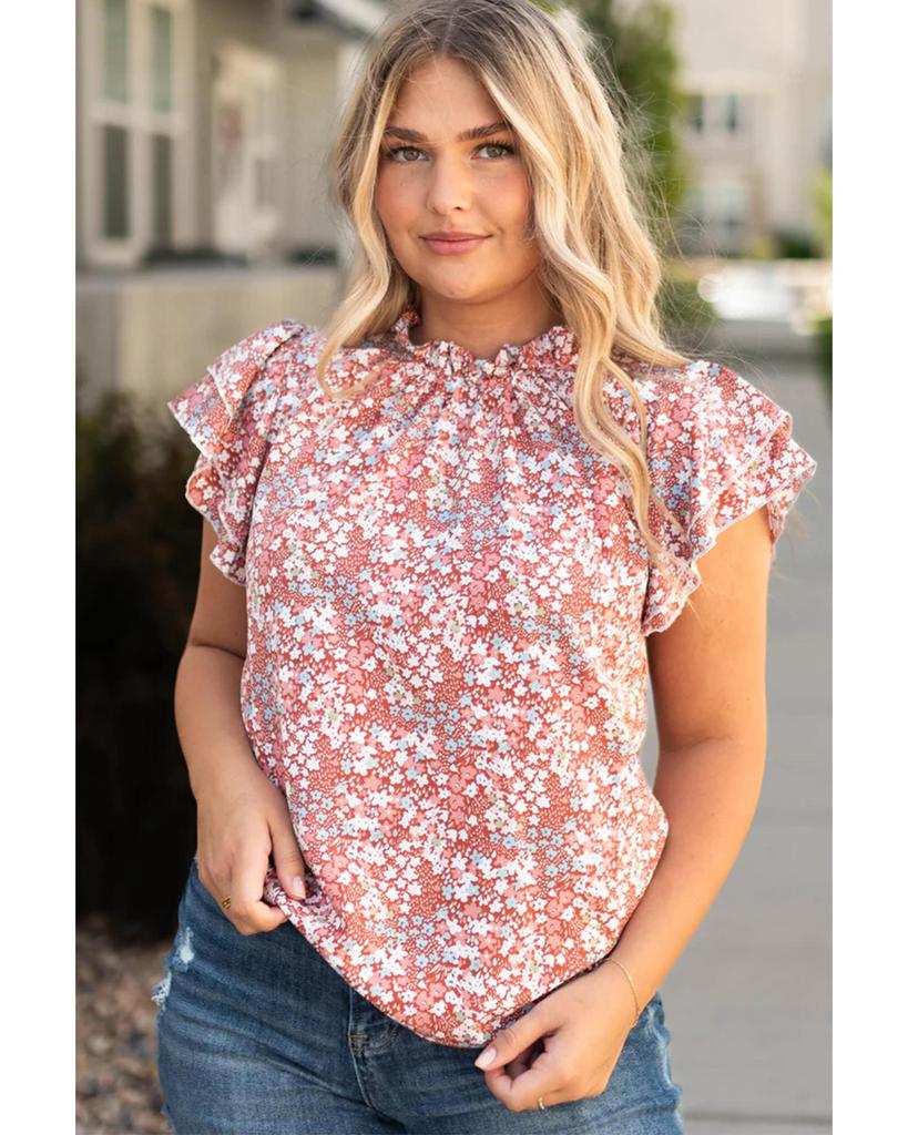 Azura Exchange Pink Plus Size Floral Print Ruffled Sleeve Frilled Neck Blouse