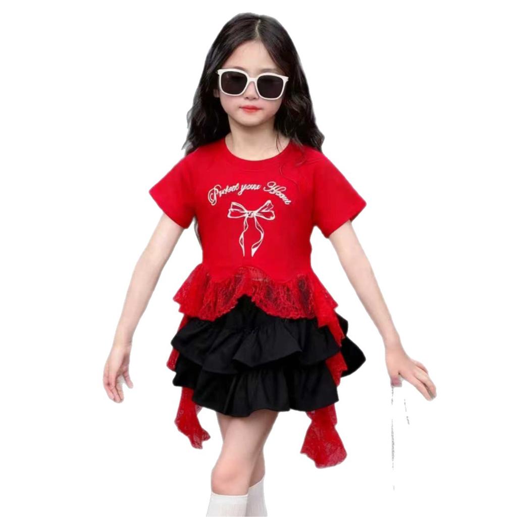 Girls Summer Short Sleeve Ruffle Dress Set with Bow Tie Trendy and Versatile