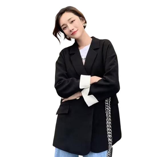 Women Suit Coat Lapel Long Sleeve Single Breasted Suit Jacket with Pockets Solid Color Loose Fit