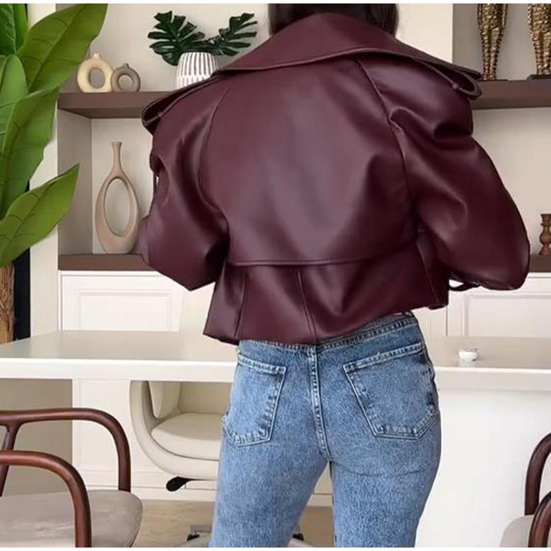 Уличная короткая куртка из кожи бордового цвета с красными карманами и лацканами для женщин, куртка с длинным рукавом, осенняя свободная верхняя одежда для женщин