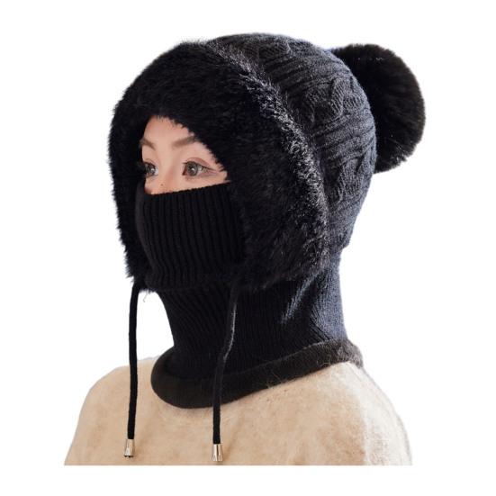 Вязаная шапка женская ветрозащитная утепленная зимняя шапка с плюшевым помпоном 3-в-1 утолщенная шапка защита лица шарф