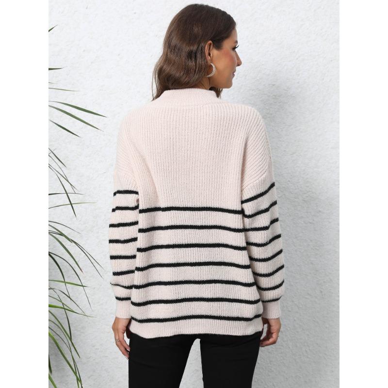 Женский свитер в полоску, лоскутное шитье, свободный свитер с высокой горловиной и застежкой-молнией