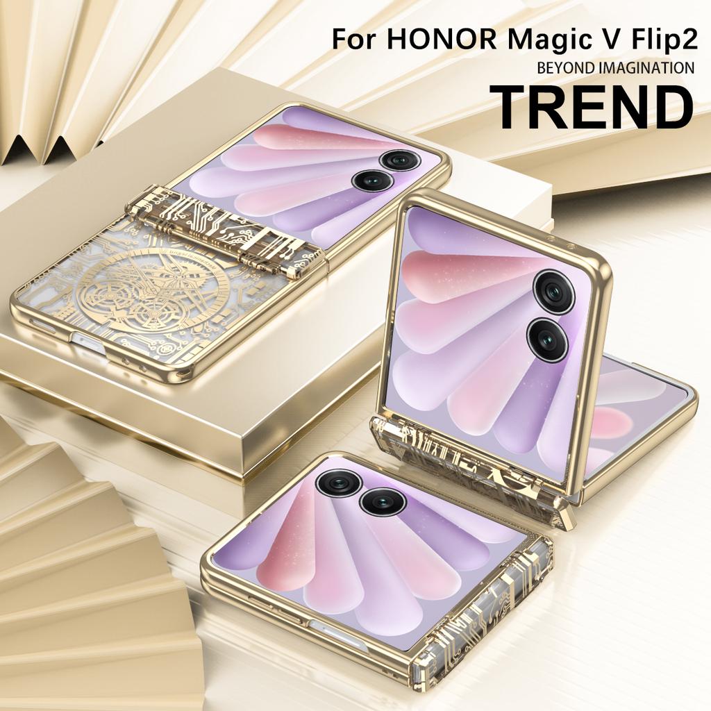 For Honor Magic V Flip 2 Case Mechanical Legend Electroplating PC Phone Cover with Rear Screen Film