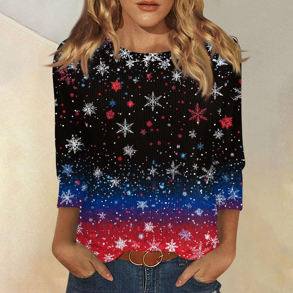 Women's Fashion And Winter Casual Round Neck Brushed Ribbed Christmas Print Three-quarter Sleeve T-shirt Women's Clothing
