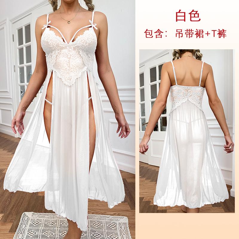 Большой размер сексуальная сетчатая кружевная пижама с глубоким v-образным вырезом и боковыми разрезами, юбка на подтяжках, удлиненная одежда, пижама, женский костюм