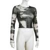 Модные тонкие сетчатые топы с абстрактным принтом и длинными рукавами и круглым вырезом, короткий кружевной женский топ