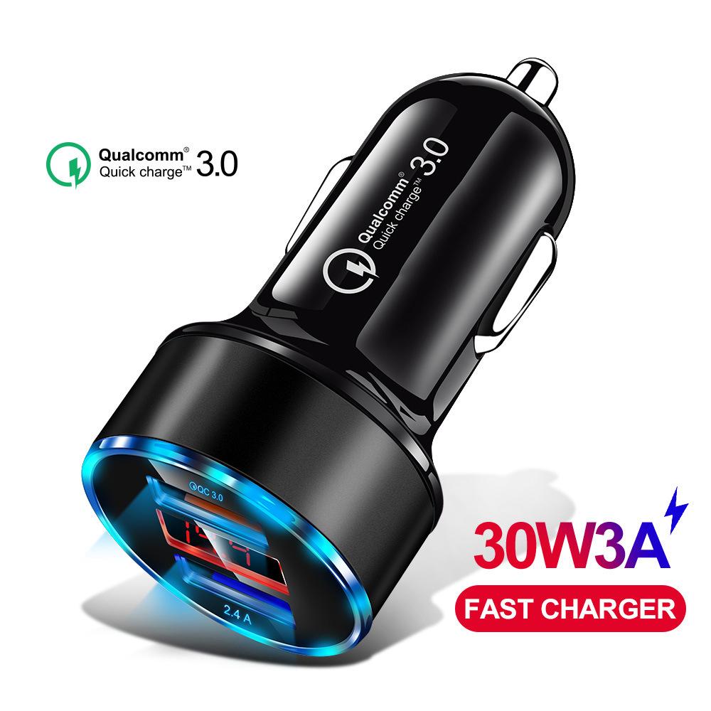Быстрое автомобильное зарядное устройство с двойным USB-накопителем, ЖК-дисплей 3,0, быстрая зарядка, автоматический USB-адаптер для Xiaomi Huawei P30 P20, USB-зарядное устройство для Iphone 12 Xs
