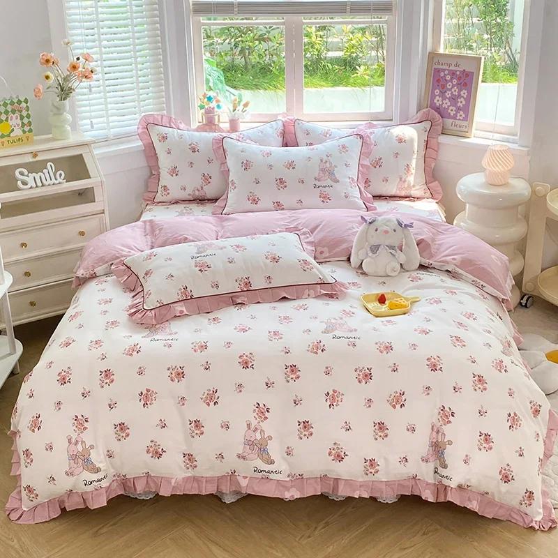 Комплект постельного белья с розовым цветочным принтом, 100% хлопок, корейский стиль, оборка, пододеяльник с 2 наволочками, приятный для кожи комплект постельного белья размера «queen-size»