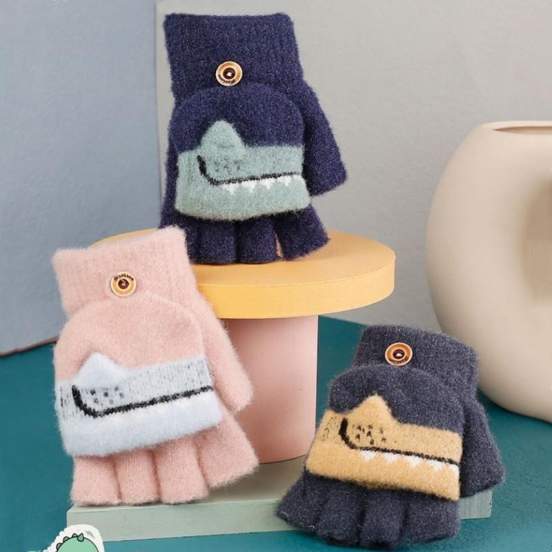 Toddler Kids Winter Knitted Fingerless Cartoon Gloves Thick Warm Outdoor Writing Convertible Flip Top Half Finger Mittens