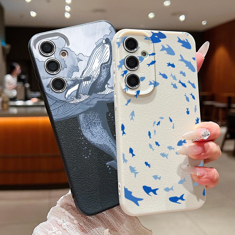 Синий Чехол для Телефона с Рыбой и Китом, Океан, Для Samsung S26 S25 S24 Ultra S23 S22 S21 FE A15 A16 A17 A35 A36 A37 A54 A55 A56 A57 5G, Кожаная Текстура, Мягкая Крышка
