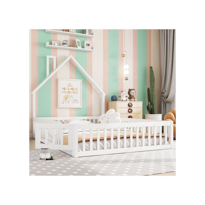 Lit - MUVOE - 140 x 200 cm - Rembourré - Bois de pin - Minimaliste - Blanc