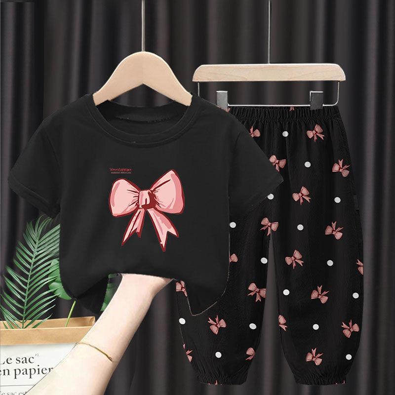 Летний комплект из 2 предметов для девочек: футболка с коротким рукавом и брюки с принтом бантика, детский костюм для одежды, детская одежда