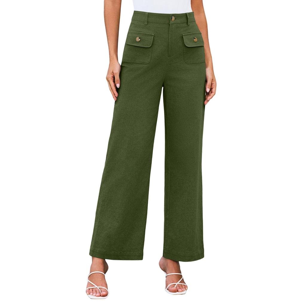 Женские летние однотонные свободные прямые брюки с внешним карманом и высокой талией